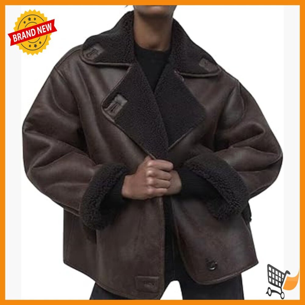 Oversized Faux Leather Moto Jacket Sherpa Lined Winter Coat Relaxed Fit